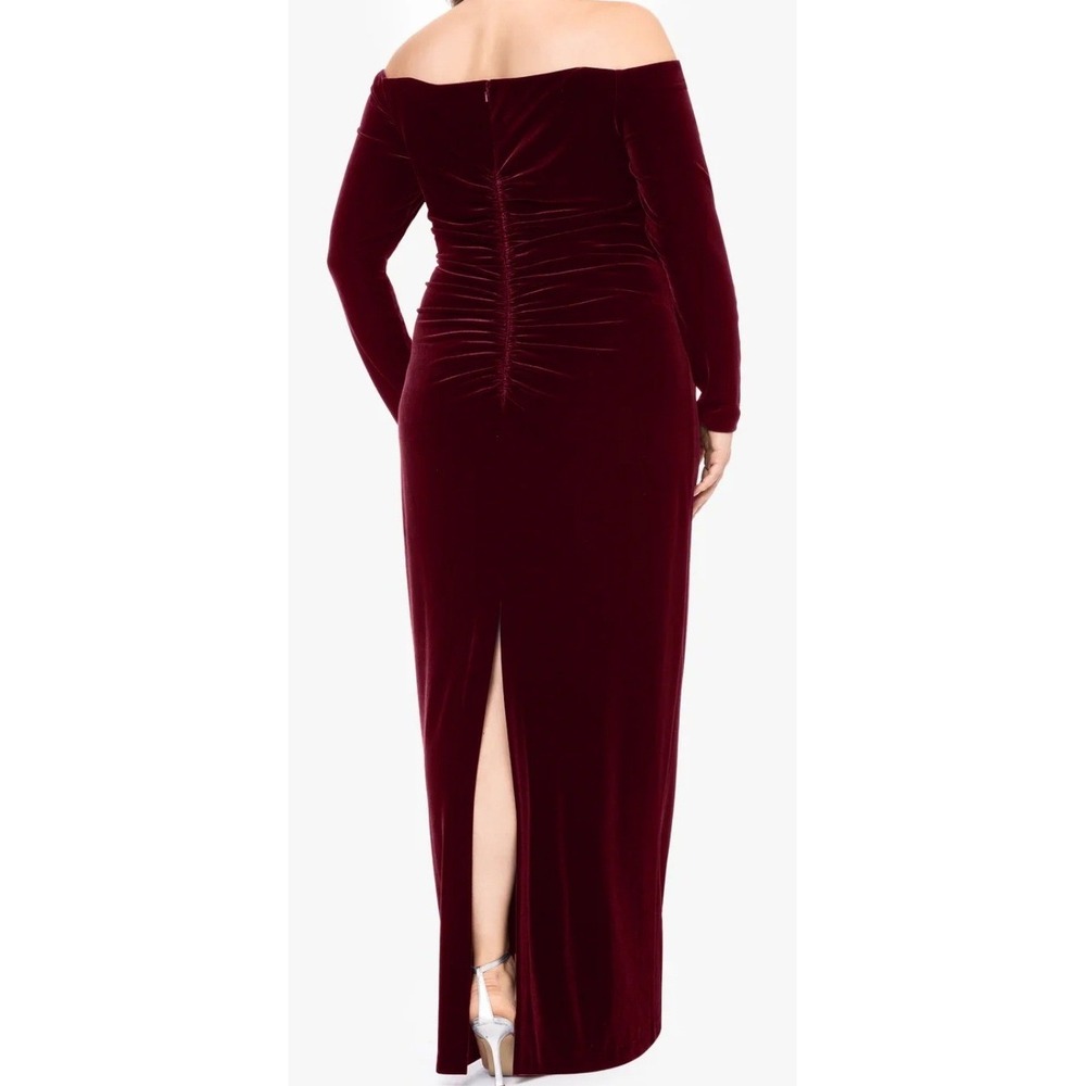 X by Xscape Velvet Gown 16 Burgundy Off Shoulder Ruched Evening Dress XC204 NEW - Picture 11 of 12